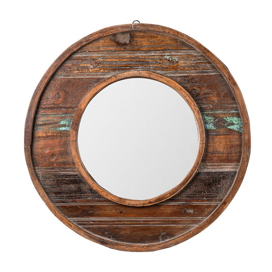 round wood framed mirror