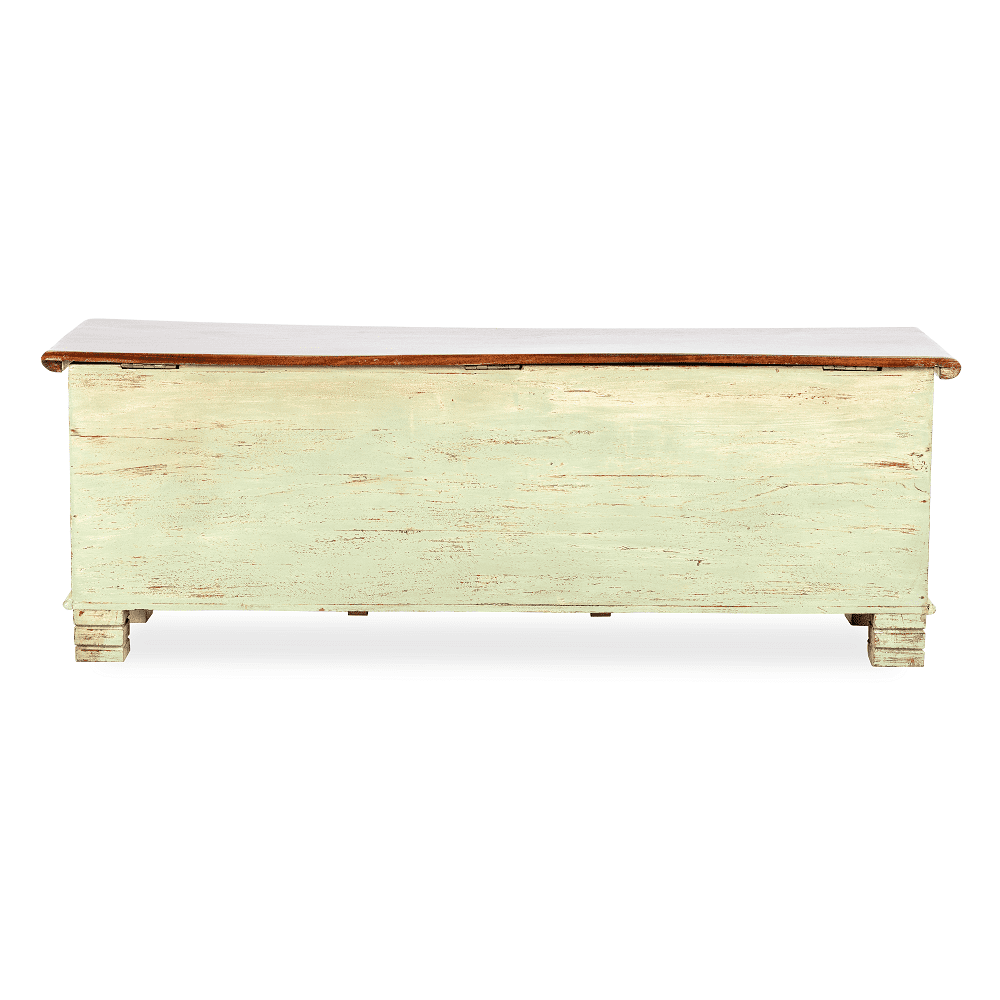 distressed wooden trunk as coffee table