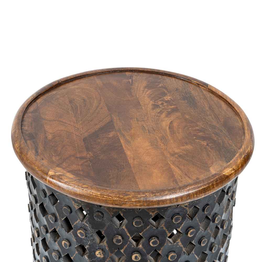 round lattice carved wood accent table