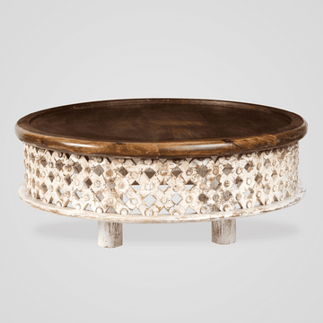 round lattice carved wood coffee table
