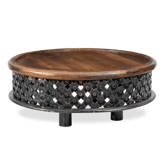 round lattice carved wood coffee table