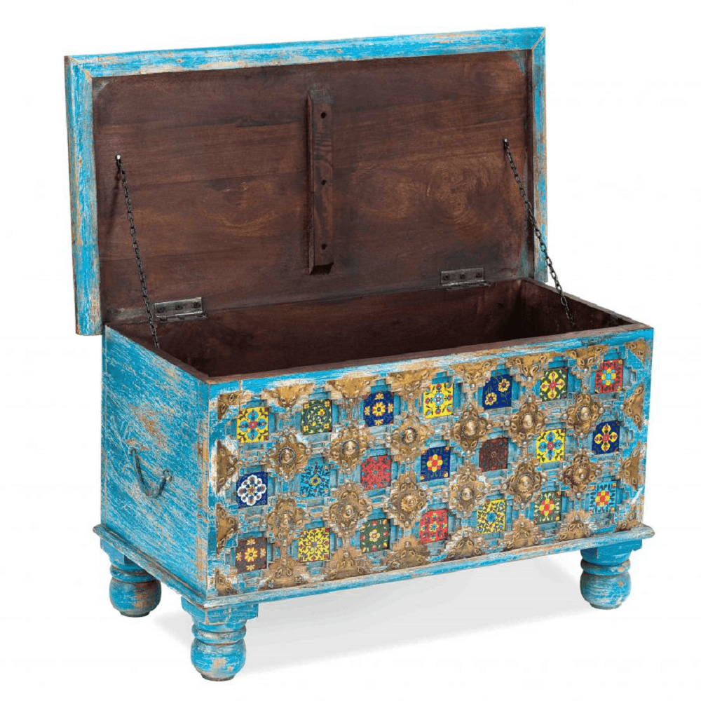 distressed blue trunk coffee table